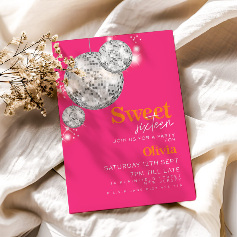 Disco Ball Hot Pink Sweet 16 Invitation 1