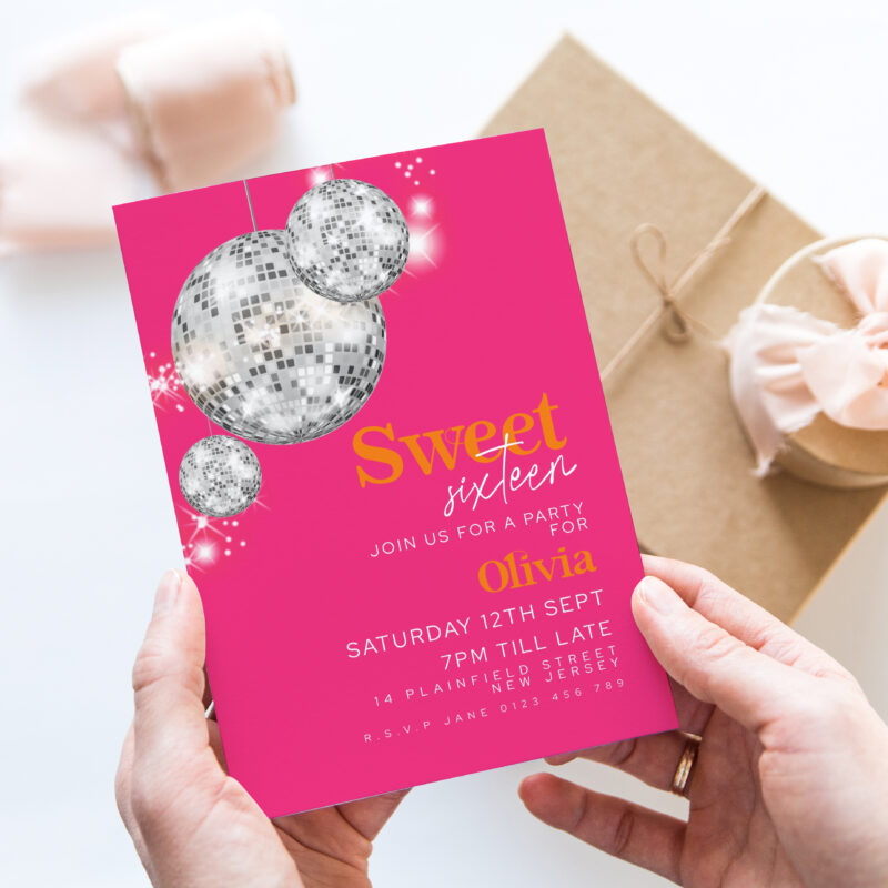 Disco Ball Hot Pink Sweet 16 Invitation 2