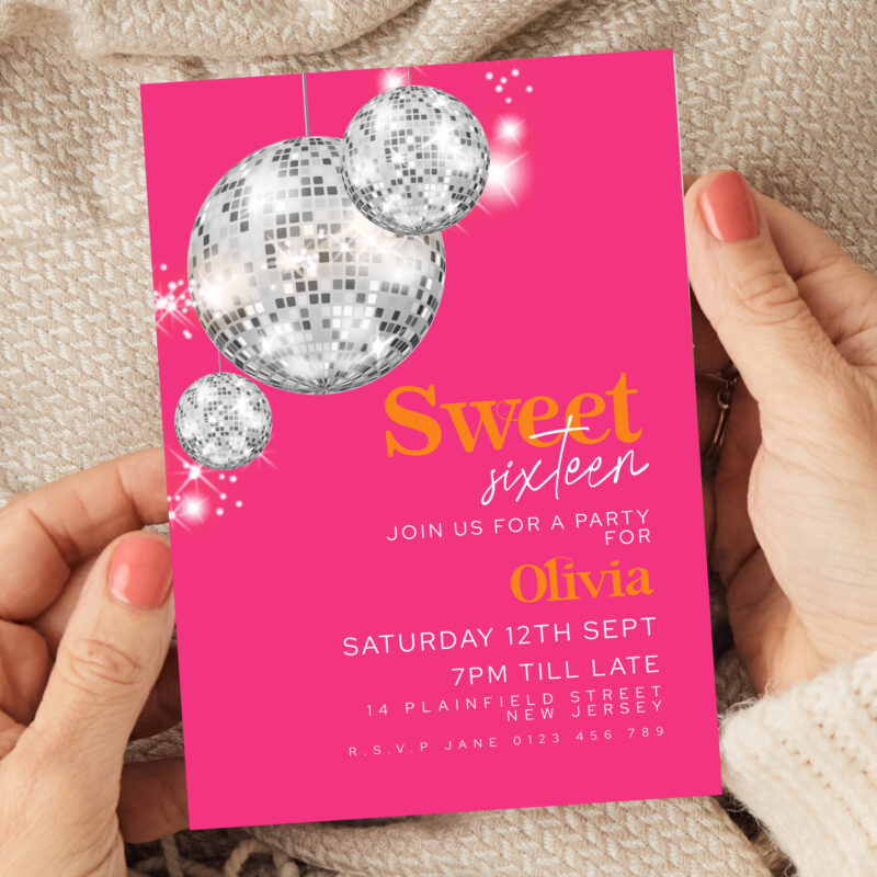 Disco Ball Hot Pink Sweet 16 Invitation 3