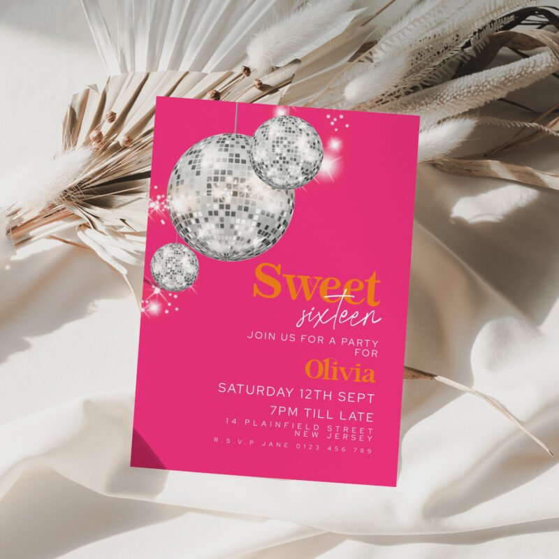 Disco Ball Hot Pink Sweet 16 Invitation 4