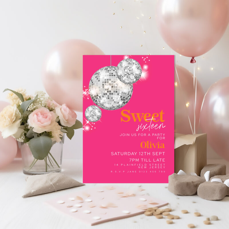 Disco Ball Hot Pink Sweet 16 Invitation 5