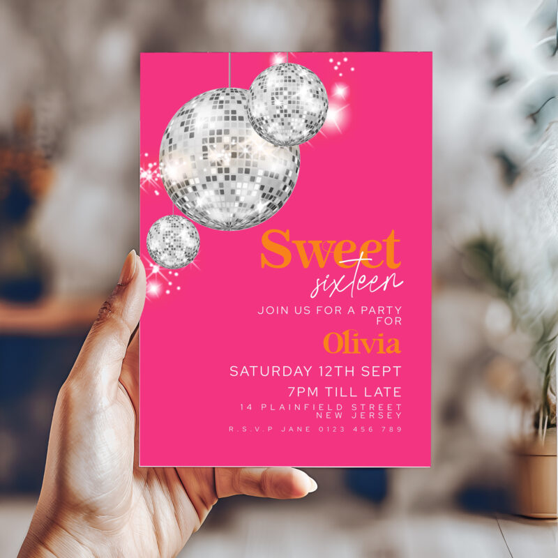 Disco Ball Hot Pink Sweet 16 Invitation 6