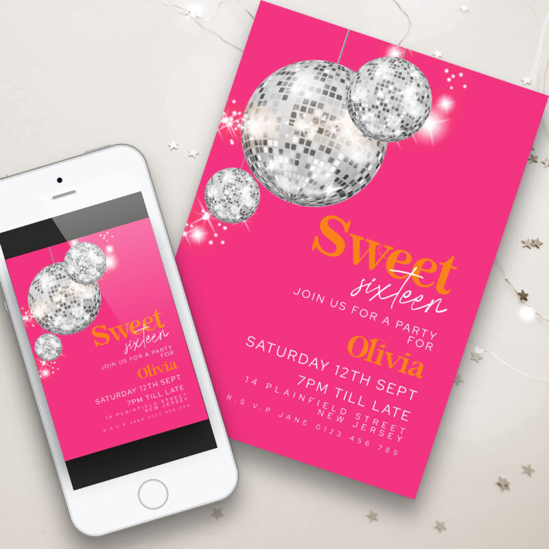 Disco Ball Hot Pink Sweet 16 Invitation 7