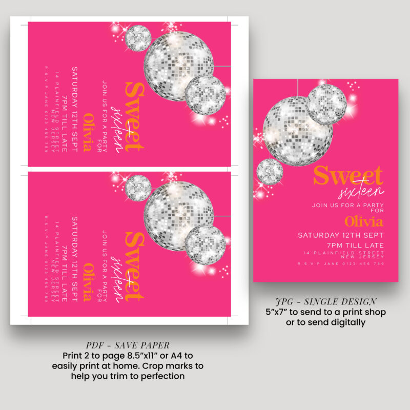 Disco Ball Hot Pink Sweet 16 Invitation 8