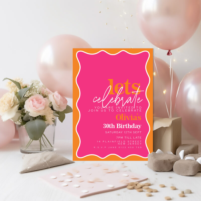 Pink Orange Wave Birthday Invitation 1