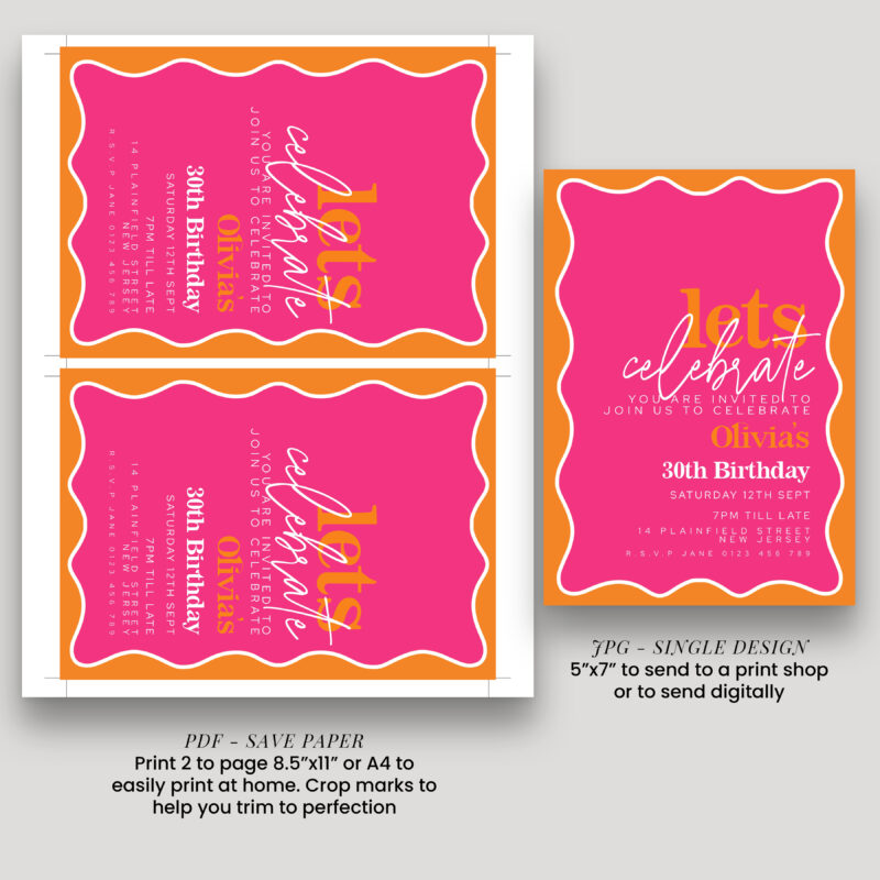 Pink Orange Wave Birthday Invitation 1